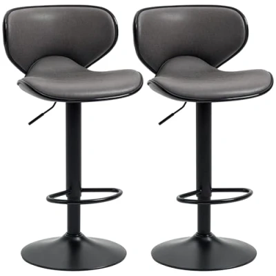 Image of HOMCOM Adjustable Bar Stools Set of 2, Swivel Leathaire Upholstered Barstools with Large Seat, Breakfast Chairs Back, Footrest and Steel Base, Dark Grey