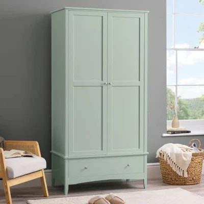 Image of CHRISTOW Sage Green Double Wardrobe with Drawer, 2 Door Storage Cupboard, Modern Wooden MDF Bedroom Furniture, Clothes Rail, Shelf, Brushed Chrome Handles, Soft Shut Hinges (185cm x 94.5cm 50cm)