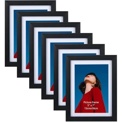 Image of EYMPEU 8x6 Photo Frame with Mat Capable of Holding or 7x5 Photos, Set 6 Black Frames for Wall Table Top Rustic