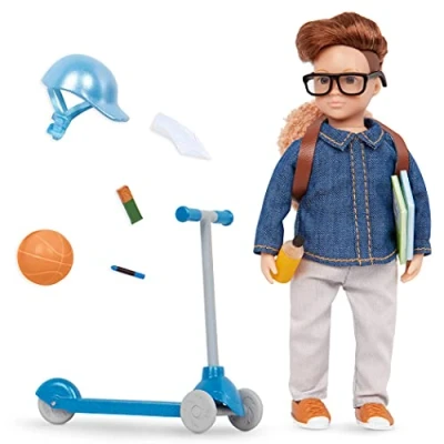 Image of Lori 62243455269 Mini Boy Doll &amp; Scooter Playset 6 inch with Vehicle Accessories, Blue