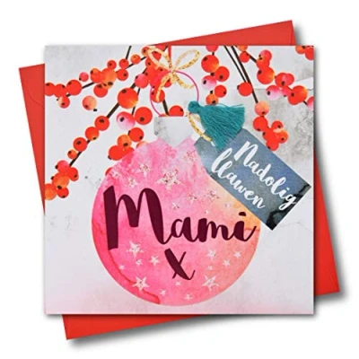 Image of Welsh Mummy Christmas Card, Nadolig Llawen Mami, Bauble, Tassel Embellished