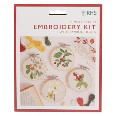 Image of RHS The Royal Horticultural Society Embroidery Hoop Decoration Kit, Summer Berries Designs, (Pack Of 4), Kits For Adults &amp; Beginners, Gift Idea, Pattern