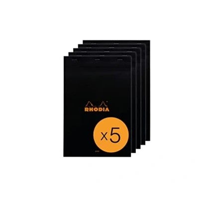 Image of RHODIA 196009C Stapled Notepad N19 Black A4+ Lined 80 Detachable Sheets White Clairefontaine Paper g/m² Coated Card Cover Pack of 5 pads