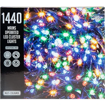 Image of VFM Coloured 1440 LED 18.7M Cluster Christmas Lights Festive Bright String Xmas Tree Wedding Fairy Lighting Indoor &amp; Outdoor Mains Operated Multi Function