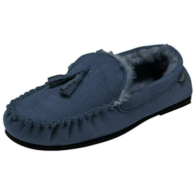 Image of DUNLOP Mens Duke Moccasin Slippers Loafers Faux Suede Soft Fur Lining with Outdoor Sole (12 UK, Navy) …