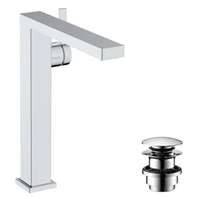Image of hansgrohe Tecturis E Fine bathroom tap with push open waste set, energy saving (CoolStart), sink spout height 240 mm, basin mixer water (EcoSmart+), chrome, 73070000