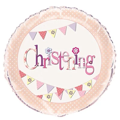 Image of Pink Bunting Christening Round Foil Balloon (45cm) 1 Piece Beautiful Baby Girl&#039;s Celebration Decoration