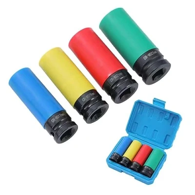 Image of TOPWAY 1/2 Inch Drive Wheel Protector Impact Deep Socket Set 17mm 19mm 21mm 22mm 4PCs Thin Wall Multicolour Metric Lug Nut Sockets, Chrome Vanadium Steel, Auto Repairing Garage Tool