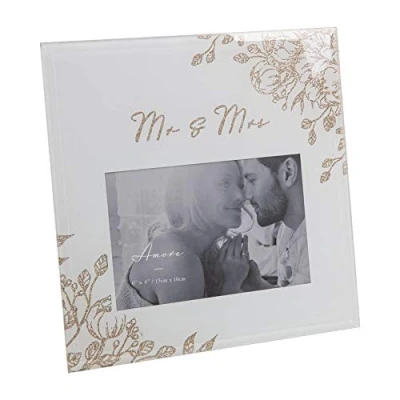 Image of Amore Wedding Grey Glass 6&#039;x4&#039; Photo Frame with Glitter/Wording Mr and Mrs
