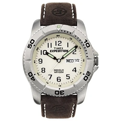 Image of Expedition Timex Men&#039;s Quartz Strap Watch with Yellow Dial Analogue Display and Brown Leather