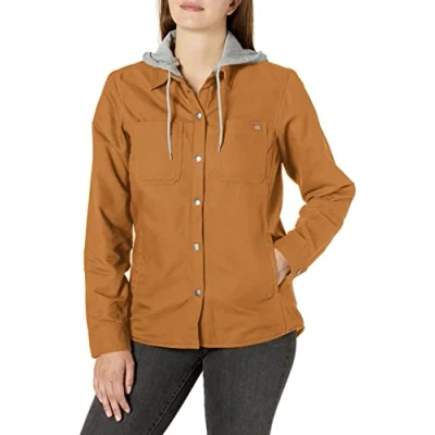 Image of Dickies Women&#039;s Hooded Shirt Jacket, Brown Duck, S