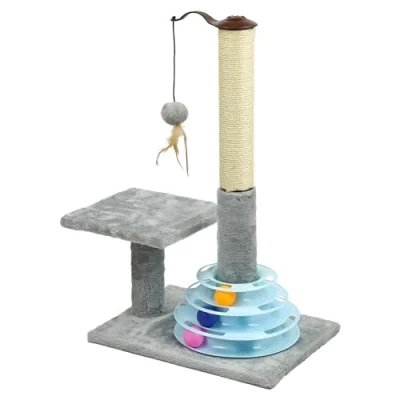 Image of Taylor &amp; Brown 25 Tall Cat Scratching Post, Cats Scratcher Kitten Scratch Post Indoor with Sisal Pole Interactive Tracks Toy Balls, Covered Soft Plush Carpet, Grey