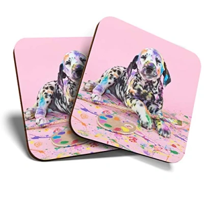 Image of Great Coasters (Set of 2) Square/Glossy Quality Coasters/Tabletop Protection for Any Table Type Naughty Dalmatian Puppy Dog #15609