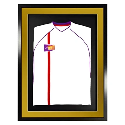 Image of Vivarti DIY Adult 3D Mounted Sports Shirt Display Frame for Football Shirt, Rugby Band T Shadow Box 60 x 80cm Black Frame, Gold Mount, Backing Card