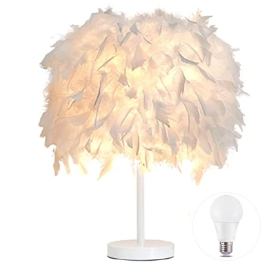 Image of 1 Pack Feather Table Lamp Bedside Lampshade Light White Base with 3W Bulb for Living Room, Bedroom, Bar, Restaurant, Home Decor, L