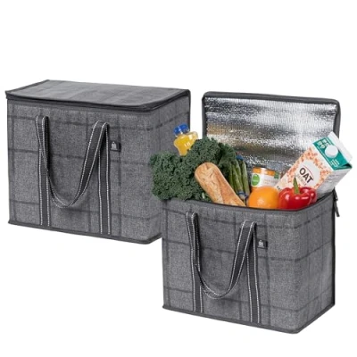 Image of VENO 2 Pack Large Insulated Reusable Grocery Bag w/Hard Bottom, Food Delivery, Heavy Duty, Stands Upright, Dual Tab Zipper, Collapsible, Water Resistant, Sustainable (Black Windowpane, Pack)