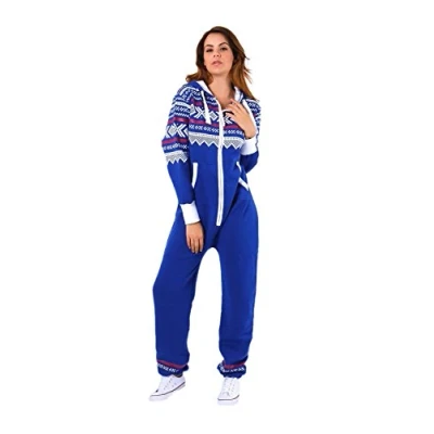 Image of Parsa Fashions New Womens Ladies Aztec Print Hooded Zip Up Onesie Jumpsuit, Royal Blue, XXXXXL 22