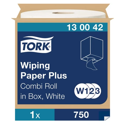 Image of Tork 130042 Wiping Paper Plus / 2 Ply Absorbent Roll for W1 Wipers Wall/Floor &amp; W2 Combi Systems White 1 x 255m Ø 26.2cm