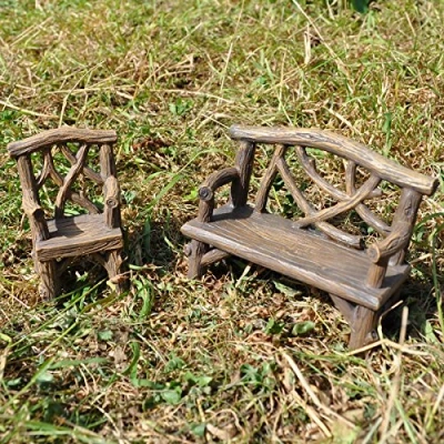 Image of Prezents Fairy Garden UK Wooden Bench &amp; Chair Set Miniature Home Decor Elf Pixie Hobbit Magical Gift Idea Height: 8cm