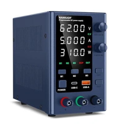 Image of DC Power Supply 0 62V 5A, Lab Variable with Memory Storage, Bench Encoder Adjustment &amp; USB A/Type C Fast Charging Interface