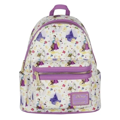 Image of Loungefly Disney Tangled Rapunzel Flynn Ryder And Maximus All Over Print Cute Mini Backpack, White, One Size