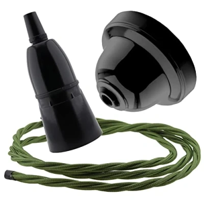 Image of Black Bakelite Ceiling Pendant Kit with B22 Lampholder and Green Flex