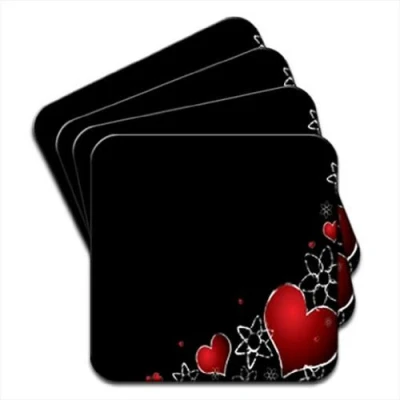 Image of Red Hearts &amp; Silver Flowers On Black Background Set Of 4 Coasters