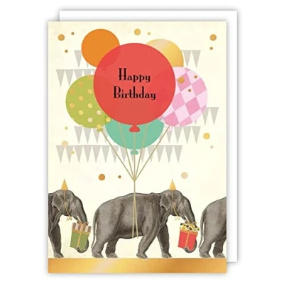 Image of Quire Collections Piet Card Happy Birthday Elephants &amp; Balloons,Multicoloured,115x163mm