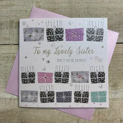 Image of WHITE COTTON CARDS LOVELY SISTER BIRTHDAY PRESSIES CARD, HAND FINISHED (D282)