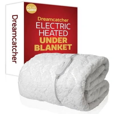 Image of Dreamcatcher Single Electric Blanket 190 x 90cm, Soft Fleece Polyester Fitted Underblanket Mattress Cover, 3x Heat Settings, 1x Controller and Machine Washable Heated