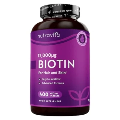 Image of Biotin Hair Growth Supplement 12000mcg 400 Vegan High Strength Tablets (1+ Year Supply) Absorption Vitamin B7 for Supports Skin &amp; Nutravita