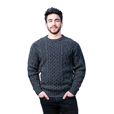 Image of SAOL 100% Merino Wool Traditional Aran Sweater for Men, in Natural/Charcoal/Army Green/Navy (Charcoal, X Large)