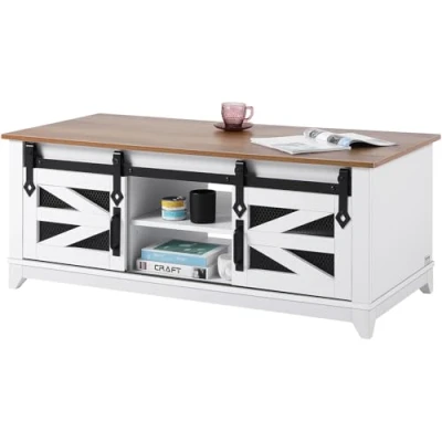 Image of VEVOR 48&quot; Farmhouse Coffee Table, Rectangle Table with 2 Sliding Barn Doors, Tiers Wooden Rustic Removable Shelves for Living Room, Bedroom, Apartment, or Studio, White &amp; Natural