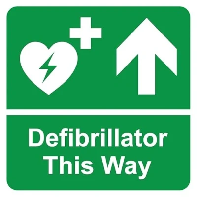 Image of Defibrillator this way up arrow safety sign 1mm flexible Plastic (400mm x 400mm)