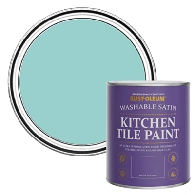 Image of Rust Oleum Blue water resistant Kitchen Tile Paint in Satin Finish Teal 750ml