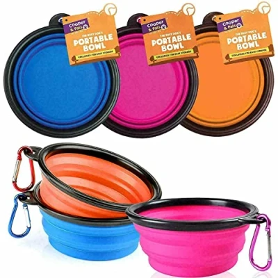 Image of Red Rainbow Collapsible Travel Silicone Dog Cat Bowl Portable Pet Food Water Bowl, Feeding trough Drinking Drinker with Hook, Easy to Carry, Save Space (3pk Three