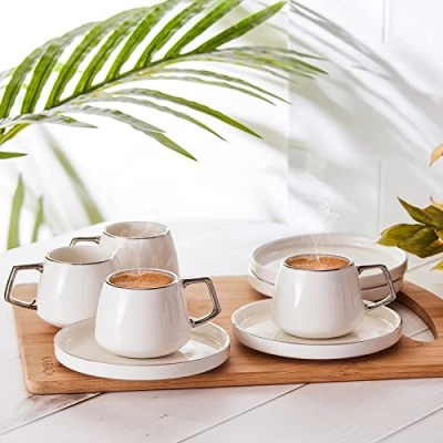 Image of KARACA Saturn Coffee Cup Set of 6, 6 Porcelain Coffee, Espresso Cups with Saucers, White Design Silver Handles, Ideal for Serving Latte, Tea, Espresso, and Cappuccino