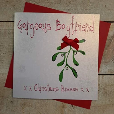 Image of White Cotton Cards Gorgeous Boyfriend XX Christmas Kisses Handmade Card in Mistletoe Design