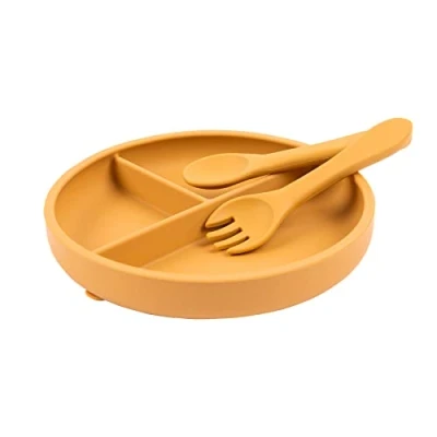 Image of Tiny Dining Baby Suction Plate, Fork &amp; Spoon Set Ochre 3pc Silicone Feeding for Babies, Toddlers Kids