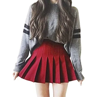 Image of HshDUti Women Girls Short High Waist Pleated Skater Tennis School Skirt Waisted Plain Uniforms A line Mini Lining Shorts Red 8