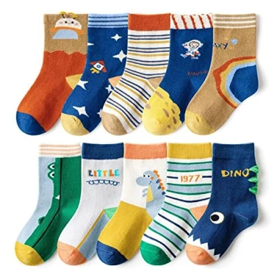 Image of FedMois 10 Pairs Cotton Crew Socks Winter for Kids, astronaut and dinosaur, 3 5 Years