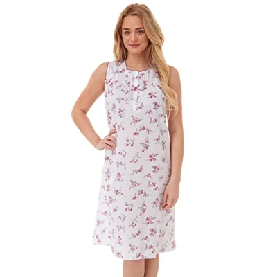 Image of undercover lingerie Ltd Ladies Lady Olga Polycotton Short or Long Sleeve Floral Nightie, Pyjamas, Wrap Pink Blue Size 10 32 (10 12, Sleeveless)
