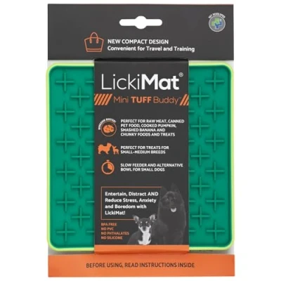 Image of LickiMat Mini Tuff Buddy Dog Food Mat, Slow Feeder LickiMat, Boredom Anxiety Relief for Dogs, Perfect Food, Treats, Yoghurt or Peanut Butter, Fun Alternative to a Bowl, Green