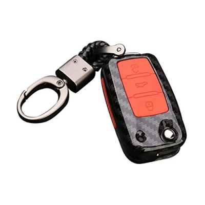 Image of Happyit ABS Carbon Fiber Shell+Silicone Car Key Cover Case Keychain for Volkswagen VW Bora Beetle Tiguan Polo Passat B5 B6 MK5 6 Jetta Sagitar Golf 3 Buttons Remote (B Black + red)