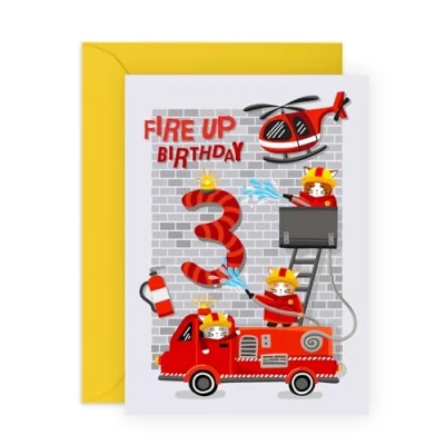Image of Central 23 3rd Birthday Card For Kids 3 Year Old Boys Age Three Fire Engine Helicopter Happy Third Gift Son Grandson Brother Comes With Stickers