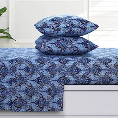 Image of Tribeca Living Sofi Paisley 170 GSM Flannel Extra Deep Pocket Sheet Set with Oversized Flat, 100% Cotton, Super Soft, Warm, Cozy Bed Sheet, Twin XL Blue,SOFIFLOSHETWX