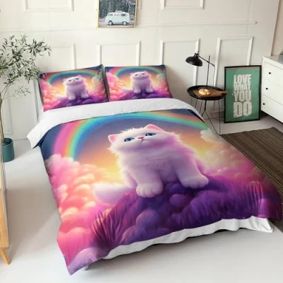 Image of GEEYOU Animal Duvet Cover with Pillowcases Set 3D Bedding Sets Microfibre Kittens Quilt Zipper Closure 3 Piece Comforter for Kids Teens Adults Double（200x200cm）