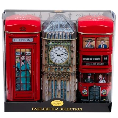 Image of New English Teas Icons 3x Tea Tin Gift Pack with 42 Traditional Teabags Big Ben, London Bus and Phone Box, UK Souvenir