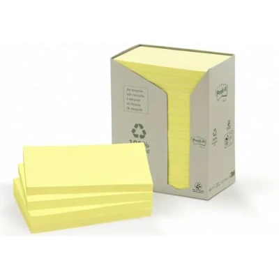 Image of Post it Recycled Notes Canary Yellow Tower Pack of 16 Pads 100 Sheets Per Pad 76 mm x 127
