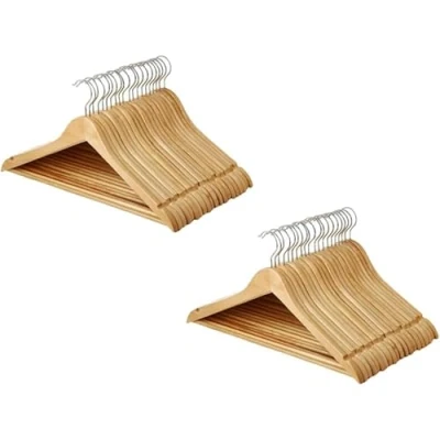 Image of RIXI Pack of 60 Heavy Duty Wooden Coat Hangers 360 Rotate Metal Chrome Hook, Shoulder Notches Non Slip Trouser Bar Suitable for Coat, Jacket, Suit, Pants, Trouser, Dresses (Pack 60)